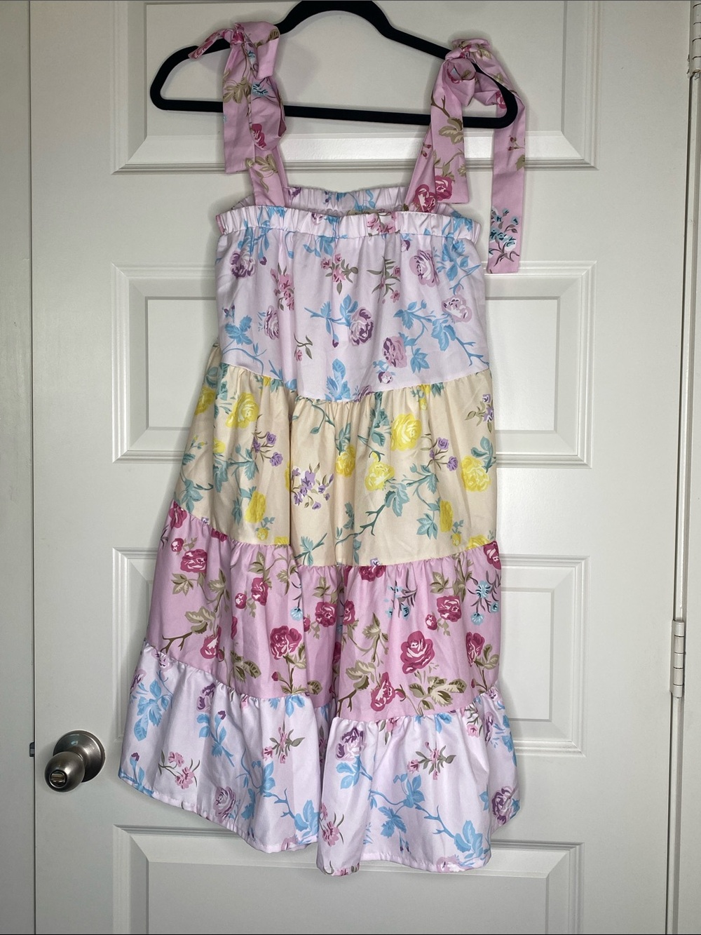 Floral Tiered Tie-Shoulder Dress - Pink, Cream, Yellow, Blue
